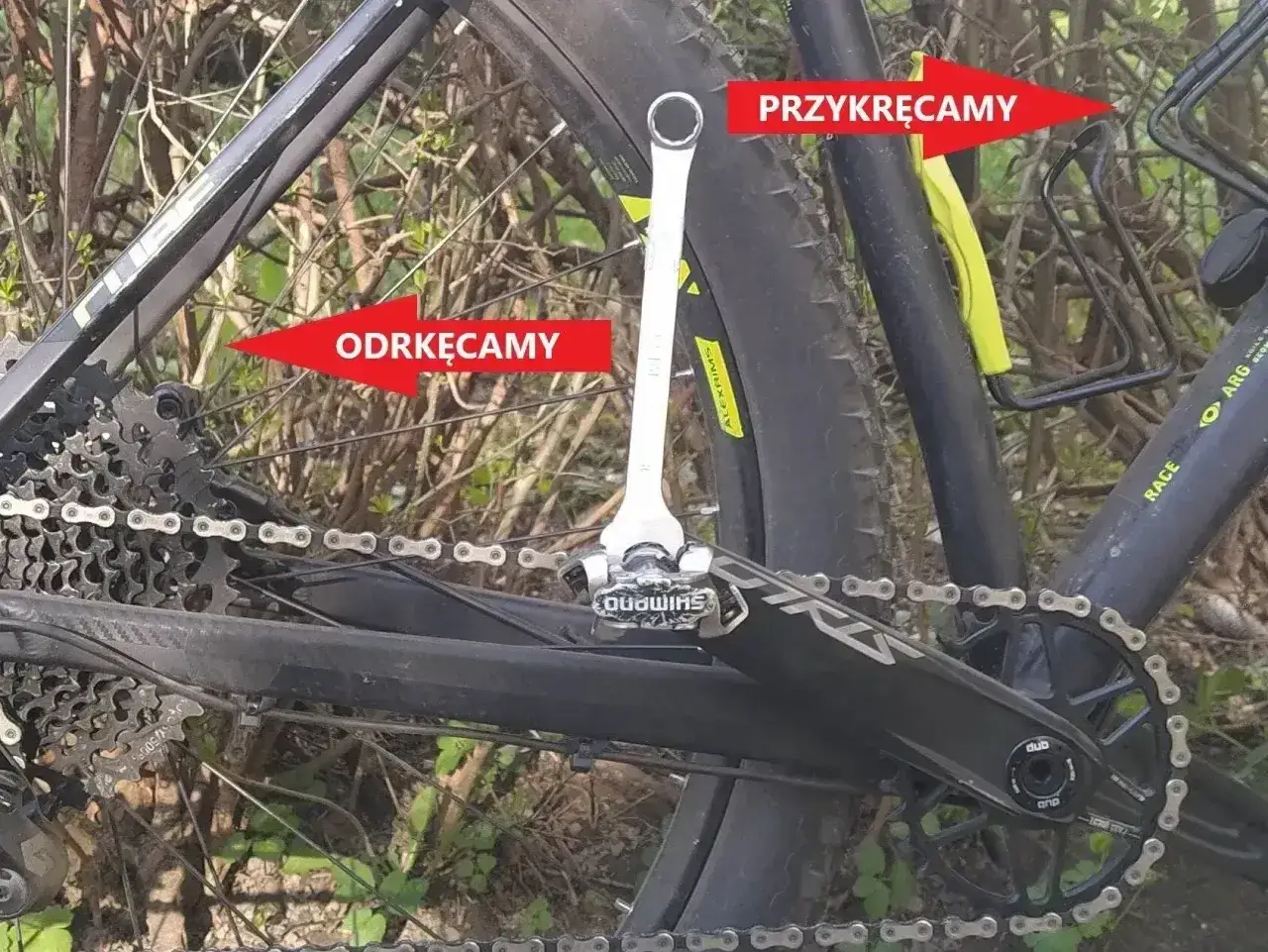 Naprawiamy luźne pedały w rowerze. Klucz pokazuje, gdzie odkręcamy, a gdzie przykręcamy.