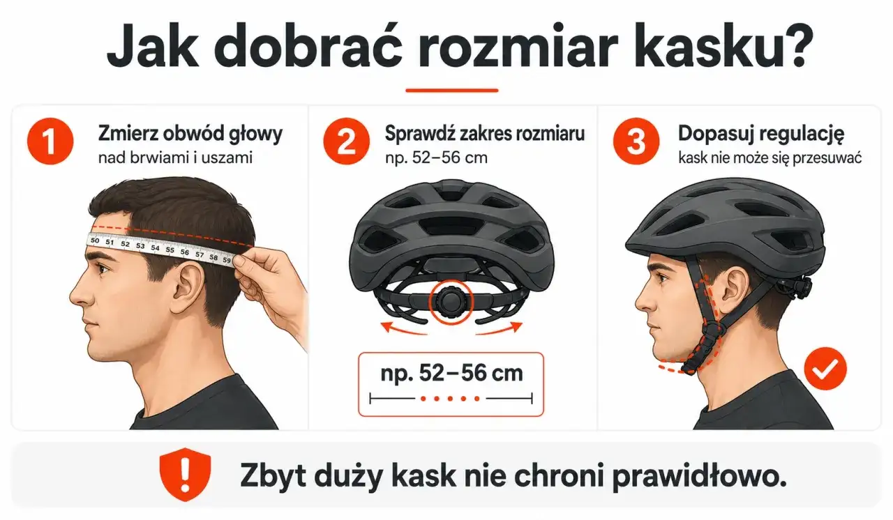 Jak dobrać kask rowerowy: zmierz obw&oacute;d głowy, sprawdź zakres rozmiaru i dopasuj regulację. Pamiętaj, by kask nie przesuwał się.
