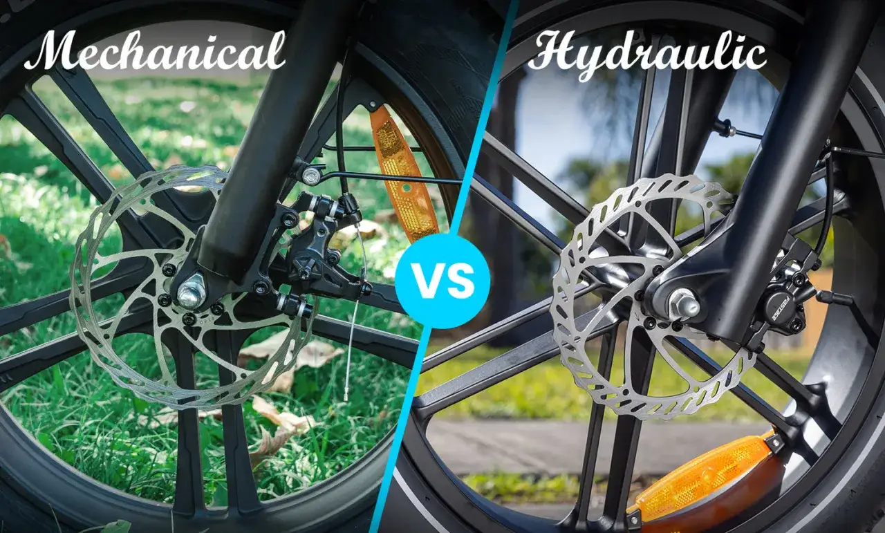Por&oacute;wnanie rodzaj&oacute;w hamulc&oacute;w rowerowych: mechaniczne vs. hydrauliczne. Widok z bliska na tarcze i zaciski.