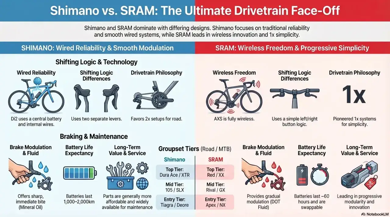 Por&oacute;wnanie Shimano vs SRAM: przewodowa niezawodność i płynna modulacja hamulc&oacute;w kontra bezprzewodowa wolność i prostota 1x.