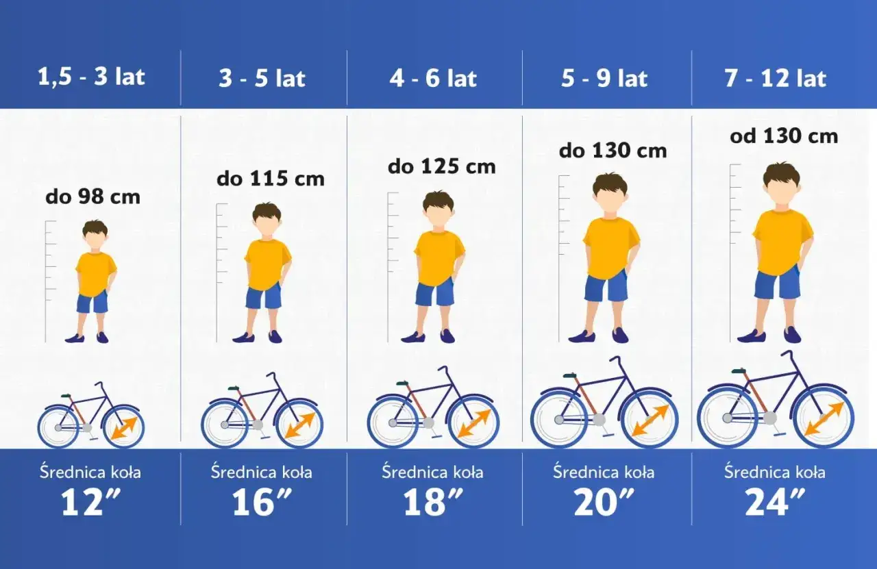 Tabela rozmiar ramy roweru dla dzieci: wiek, wzrost i średnica koła.