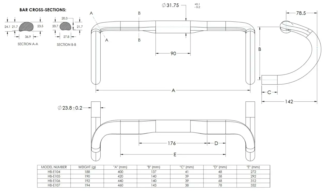 Schemat kierownicy szosowej z wymiarami, pomagający dobrać szerokość kierownicy. Tabela zawiera dane modeli i ich parametry.