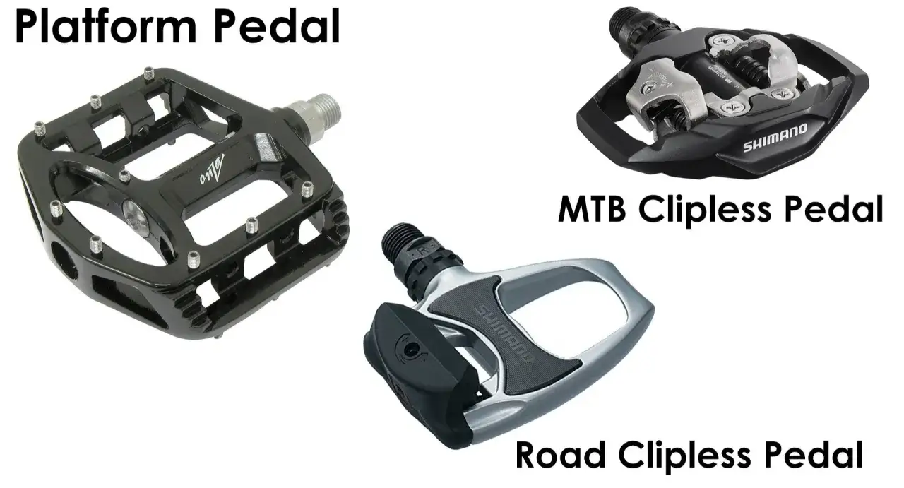 Rodzaje pedał&oacute;w rowerowych: platformowe, MTB clipless i szosowe clipless.
