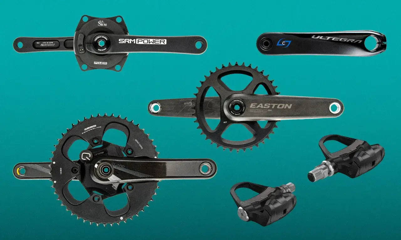 Różne korby rowerowe i pedały z pomiarem mocy w pedałach: SRM, Shimano Ultegra, Easton, SRAM.