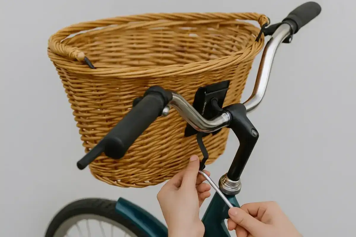 Ręce dokręcają śrubę, montując wiklinowy koszyk do kierownicy roweru. Prosty poradnik, jak zamontować koszyk do roweru.