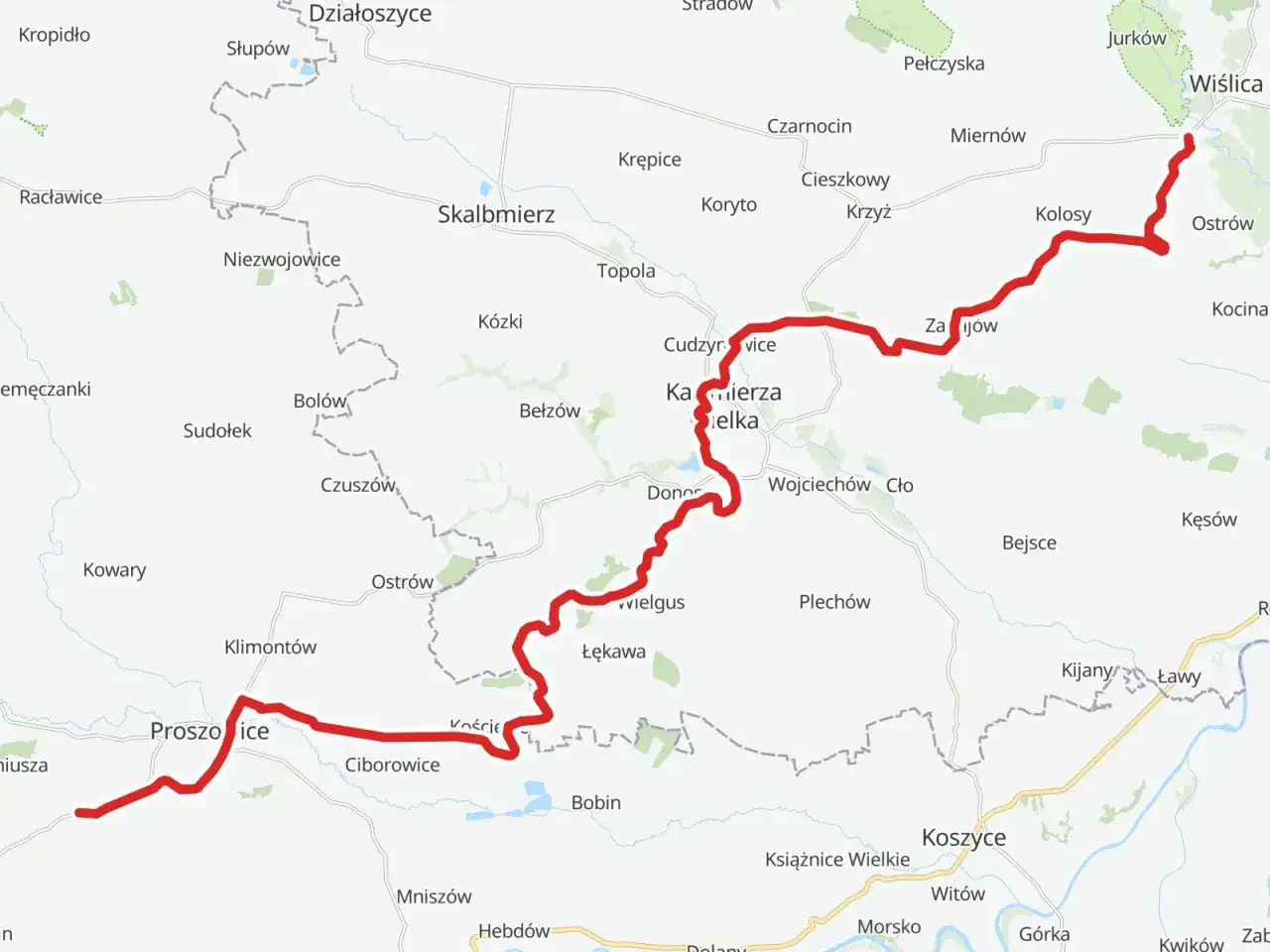 Mapa z zaznaczoną trasą rowerową Euro Velo, prowadzącą przez miejscowości takie jak Proszowice, Kazimierza Wielka i Wiślica.