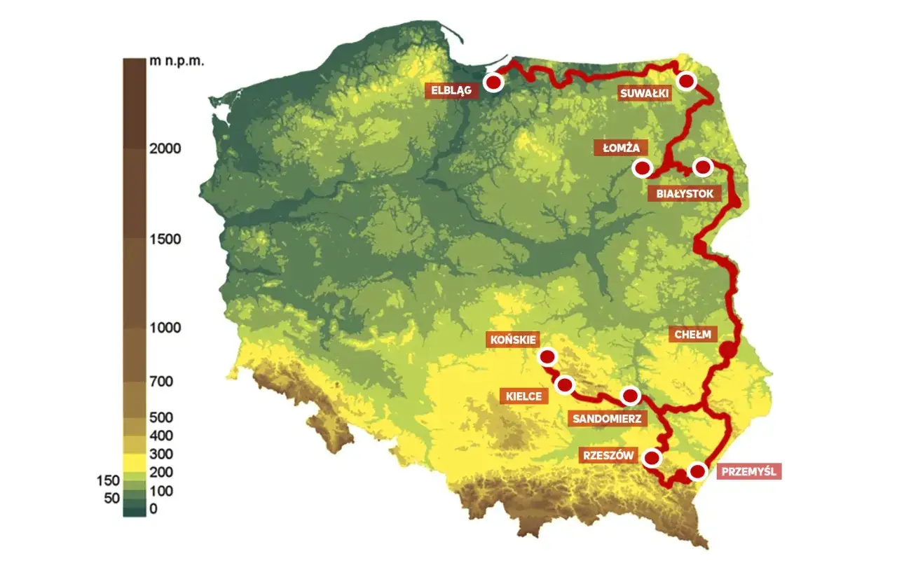 Mapa Polski z zaznaczoną trasą rowerową od Elbląga po Przemyśl. To najdłuższa ścieżka rowerowa w Polsce, łącząca malownicze miasta i krajobrazy.