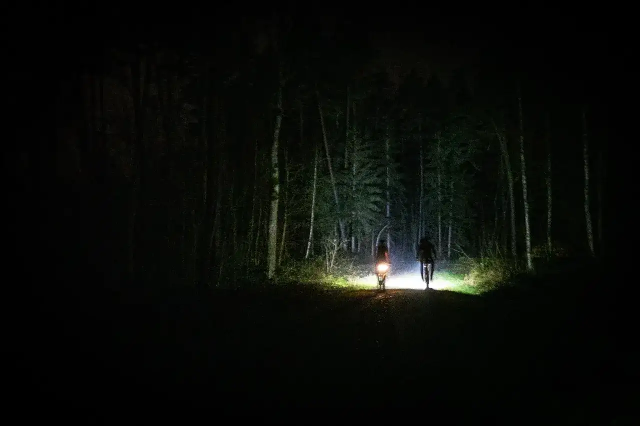 Dwie osoby jadą rowerami przez ciemny las, oświetlając drogę mocnymi lampkami. Dobre oświetlenie do roweru to podstawa nocnej jazdy.