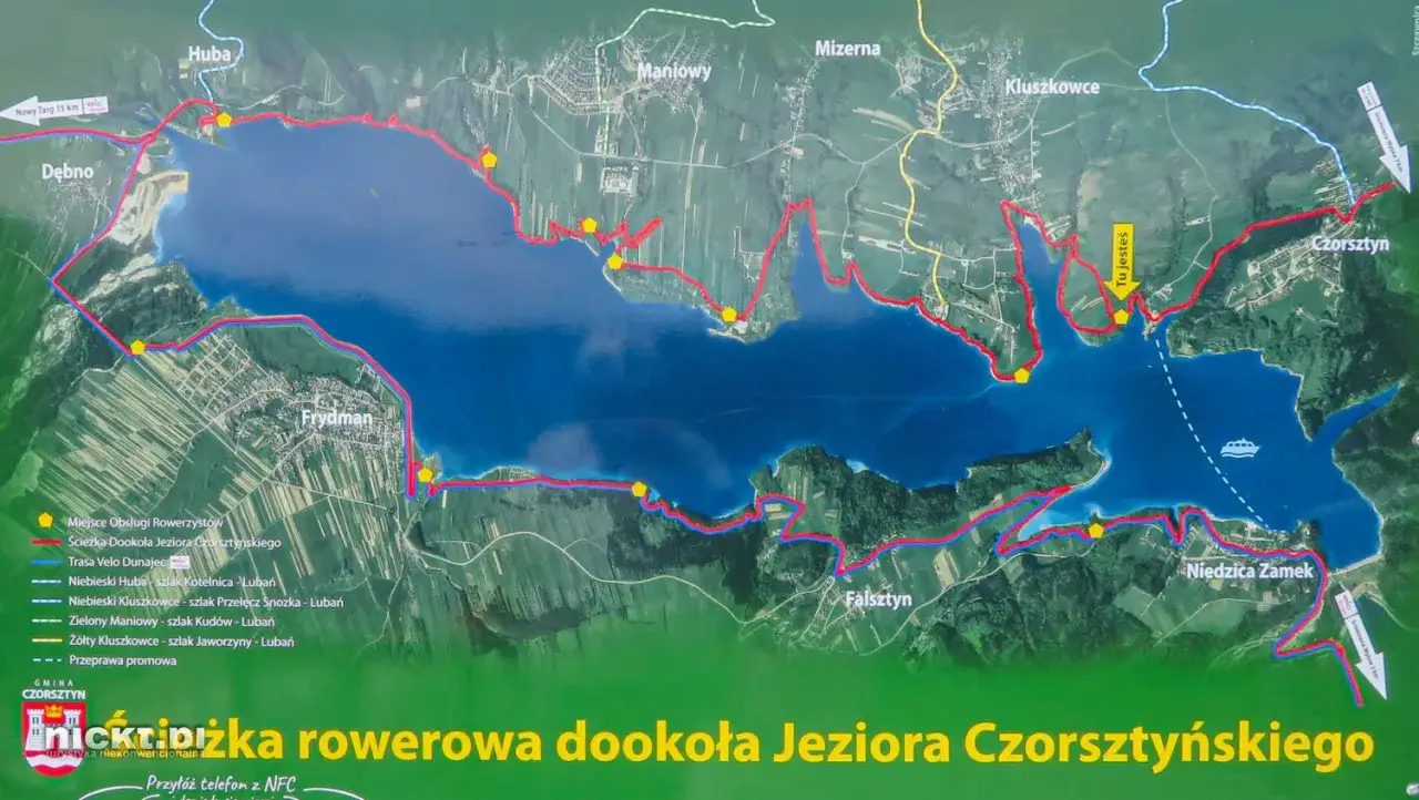 Mapa szlak&oacute;w rowerowych wok&oacute;ł Jeziora Czorsztyńskiego. Trasa Velo Dunajec i inne ścieżki rowerowe, miejsca obsługi rowerzyst&oacute;w.