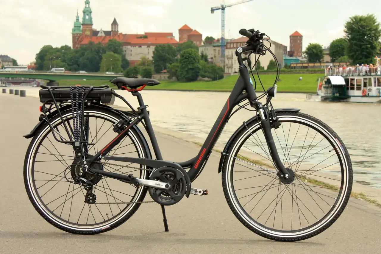 Czarny rower elektryczny z bagażnikiem i baterią, gotowy do konwersji na wycieczkę nad rzekę z widokiem na Wawel.
