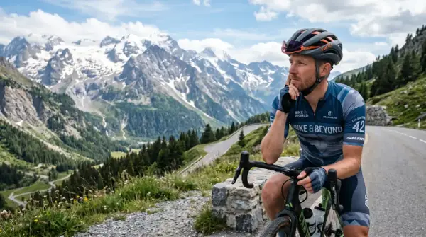 Kolarz w kasku i stroju Bike & Beyond odpoczywa na trasie w Dolinie Chochołowskiej, podziwiając majestatyczne, ośnieżone szczyty.