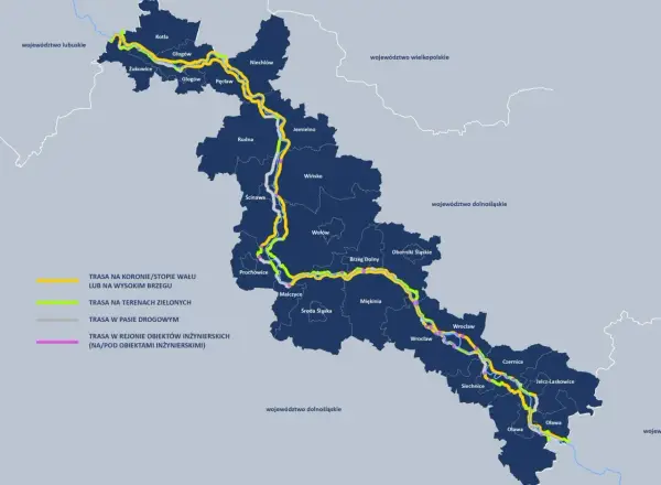 Mapa pokazuje trasę rowerową wzdłuż Odry, z zaznaczonymi różnymi typami dróg i miejscowościami.